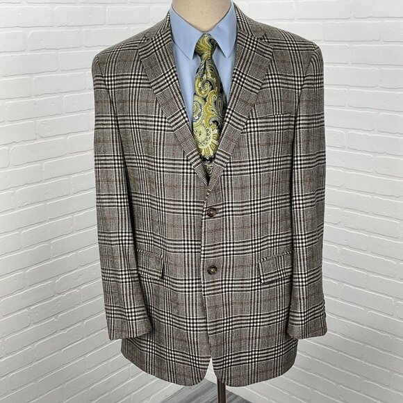 Hickey Blazer Men‎ 42R Black Brown Big Houndstooth Plaid Wool Suit Jacket VTG - Picture 1 of 14